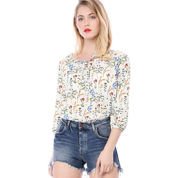 Women's Bow Tie Neck 3/4 Raglan Sleeve Floral Blouse Tops