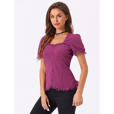 Victorian Shirt For Women's Sweetheart Neck Short Sleeve Lace Up Gothic Blouse