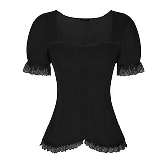 Victorian Shirt For Women's Sweetheart Neck Short Sleeve Lace Up Gothic Blouse