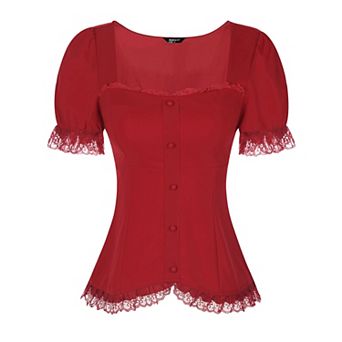 Victorian Shirt For Women's Sweetheart Neck Short Sleeve Lace Up Gothic Blouse