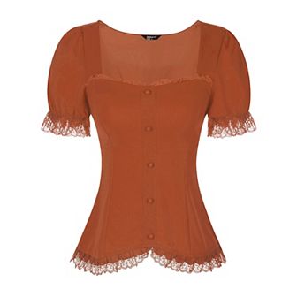 Victorian Shirt For Women's Sweetheart Neck Short Sleeve Lace Up Gothic Blouse