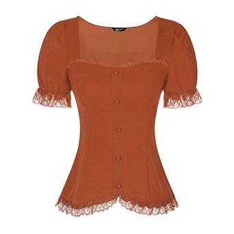 Victorian Shirt For Women's Sweetheart Neck Short Sleeve Lace Up Gothic Blouse