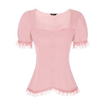 Victorian Shirt For Women's Sweetheart Neck Short Sleeve Lace Up Gothic Blouse