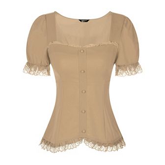 Victorian Shirt For Women's Sweetheart Neck Short Sleeve Lace Up Gothic Blouse