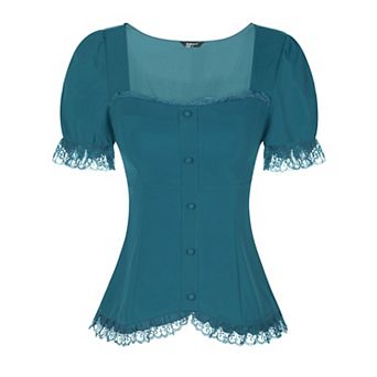Victorian Shirt For Women's Sweetheart Neck Short Sleeve Lace Up Gothic Blouse