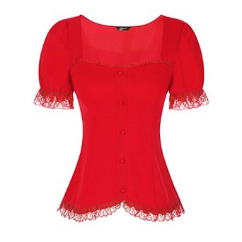 Victorian Shirt For Women's Sweetheart Neck Short Sleeve Lace Up Gothic Blouse