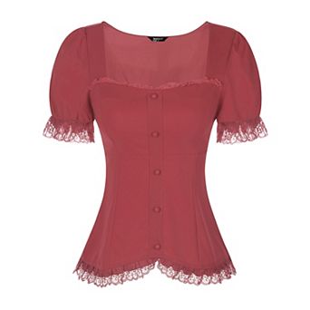 Victorian Shirt For Women's Sweetheart Neck Short Sleeve Lace Up Gothic Blouse
