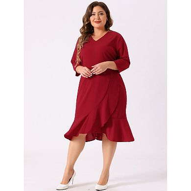 Women's Plus Size Prom Cocktail Ruffle Hem Wrap Bodycon Midi Dress