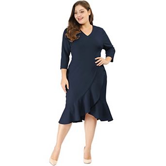 Women's Plus Size Prom Cocktail Ruffle Hem Wrap Bodycon Midi Dress