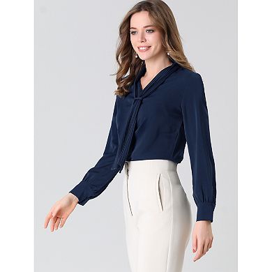 Women's Long Sleeve Blouses Chiffon Pleated Tie Neck Office Top Shirt