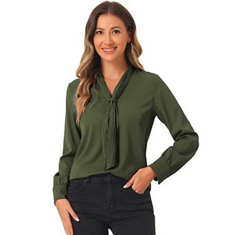 Women's Long Sleeve Blouses Chiffon Pleated Tie Neck Office Top Shirt