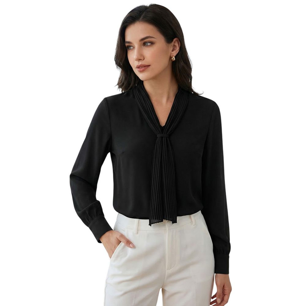 Women's Long Sleeve Blouses Chiffon Pleated Tie Neck Office Top Shirt