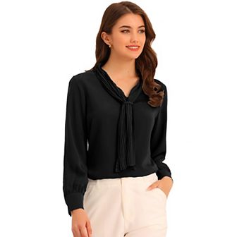 Women's Long Sleeve Blouses Chiffon Pleated Tie Neck Office Top Shirt