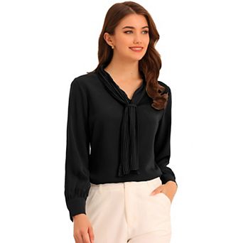Women's Long Sleeve Blouses Chiffon Pleated Tie Neck Office Top Shirt