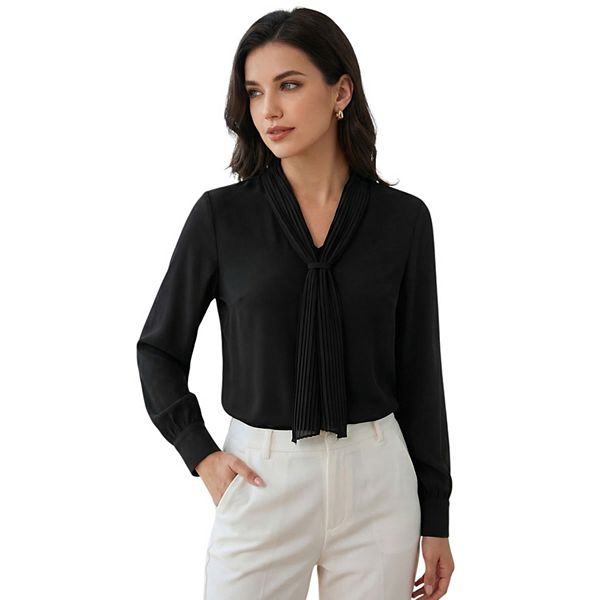 Women's Long Sleeve Blouses Chiffon Pleated Tie Neck Office Top Shirt