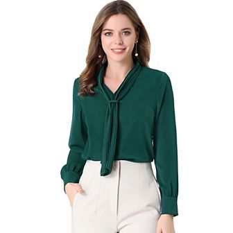 Women's Long Sleeve Blouses Chiffon Pleated Tie Neck Office Top Shirt