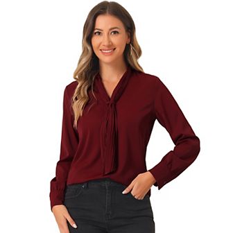 Women's Long Sleeve Blouses Chiffon Pleated Tie Neck Office Top Shirt