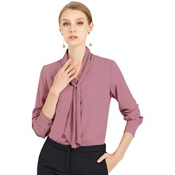 Women's Long Sleeve Blouses Chiffon Pleated Tie Neck Office Top Shirt