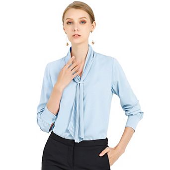 Women's Long Sleeve Blouses Chiffon Pleated Tie Neck Office Top Shirt