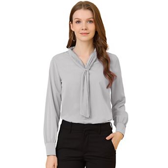 Women's Long Sleeve Blouses Chiffon Pleated Tie Neck Office Top Shirt