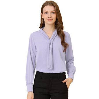 Women's Long Sleeve Blouses Chiffon Pleated Tie Neck Office Top Shirt