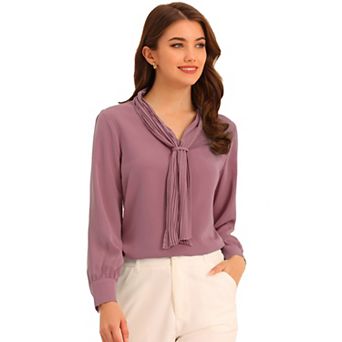 Women's Long Sleeve Blouses Chiffon Pleated Tie Neck Office Top Shirt