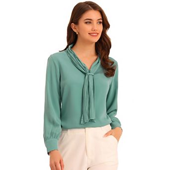 Women's Long Sleeve Blouses Chiffon Pleated Tie Neck Office Top Shirt