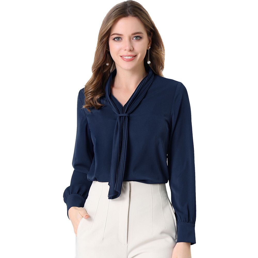 トップス ceilon chiffon tie blouse Women's Long Sleeve Blouses Chiffon Pleated Tie Neck Office