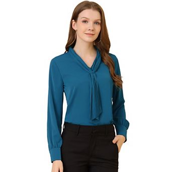 Women's Long Sleeve Blouses Chiffon Pleated Tie Neck Office Top Shirt