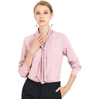 Women's Long Sleeve Blouses Chiffon Pleated Tie Neck Office Top Shirt