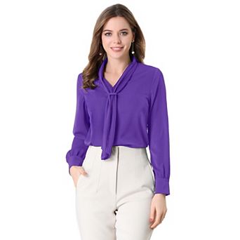 Women's Long Sleeve Blouses Chiffon Pleated Tie Neck Office Top Shirt