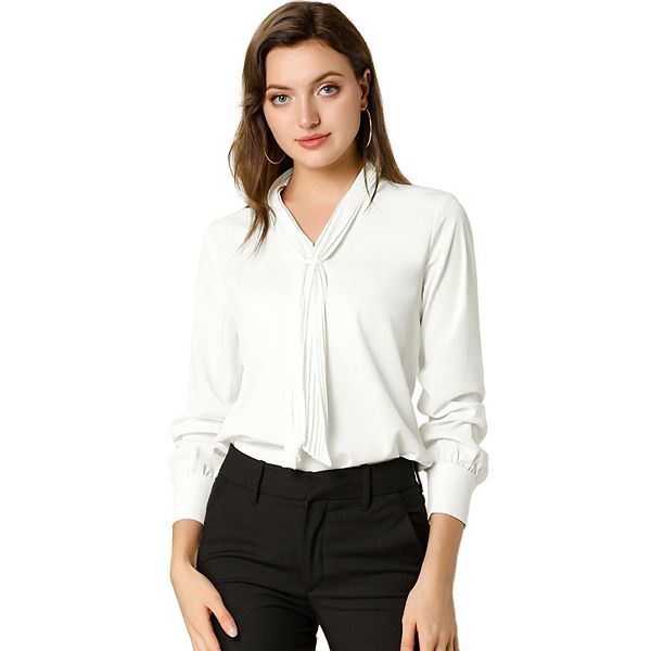 Women's Long Sleeve Blouses Chiffon Pleated Tie Neck Office Top Shirt