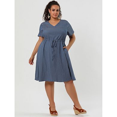 Women's Plus Size Drawstring Chambray Denim Midi Fall Shirtdress