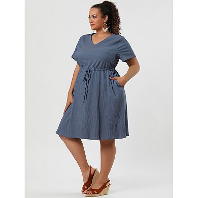 Women's Plus Size Drawstring Chambray Denim Midi Fall Shirtdress