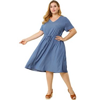 Women's Plus Size Drawstring Chambray Denim Midi Fall Shirtdress