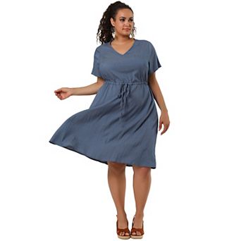 Women's Plus Size Drawstring Chambray Denim Midi Fall Shirtdress