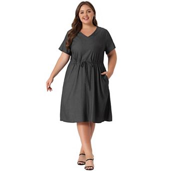 Women's Plus Size Drawstring Chambray Denim Midi Fall Shirtdress