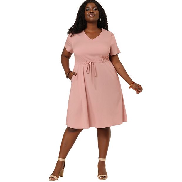 Women's Plus Size Drawstring Chambray Denim Midi Fall Shirtdress