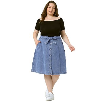 Women's Plus Size Outfits Fashion Tie Waist A Line Midi Denim Skirt