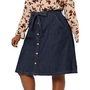 Women's Plus Size Outfits Fashion Tie Waist A Line Midi Denim Skirt