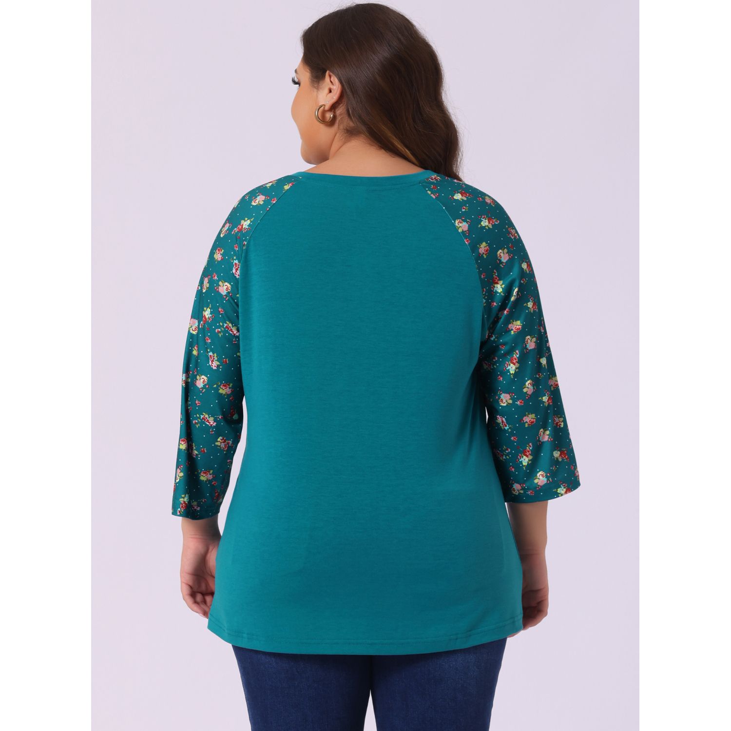 Women's Plus Size Fall Contrast Panel Floral V Neck 3/4 Sleeve Tops