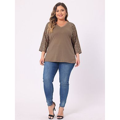 Women's Plus Size Fall Contrast Panel Floral V Neck 3/4 Sleeve Tops