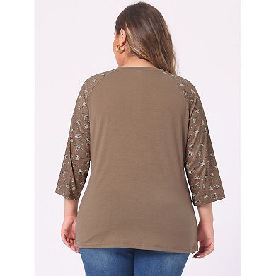 Women's Plus Size Fall Contrast Panel Floral V Neck 3/4 Sleeve Tops