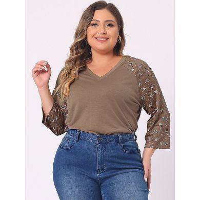 Women's Plus Size Fall Contrast Panel Floral V Neck 3/4 Sleeve Tops