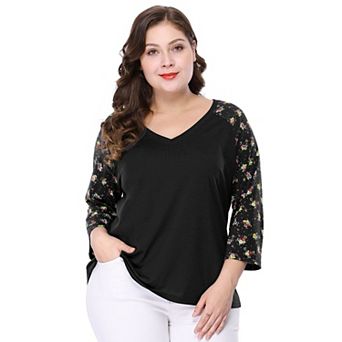 Women's Plus Size Fall Contrast Panel Floral V Neck 3/4 Sleeve Tops