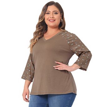 Women's Plus Size Fall Contrast Panel Floral V Neck 3/4 Sleeve Tops