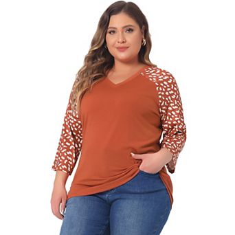Women's Plus Size Fall Contrast Panel Floral V Neck 3/4 Sleeve Tops