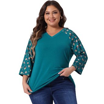 Women's Plus Size Fall Contrast Panel Floral V Neck 3/4 Sleeve Tops
