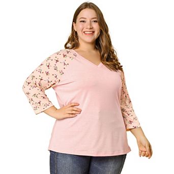 Women's Plus Size Fall Contrast Panel Floral V Neck 3/4 Sleeve Tops