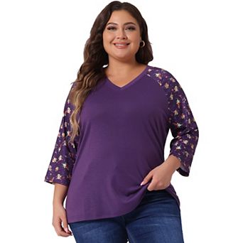 Women's Plus Size Fall Contrast Panel Floral V Neck 3/4 Sleeve Tops